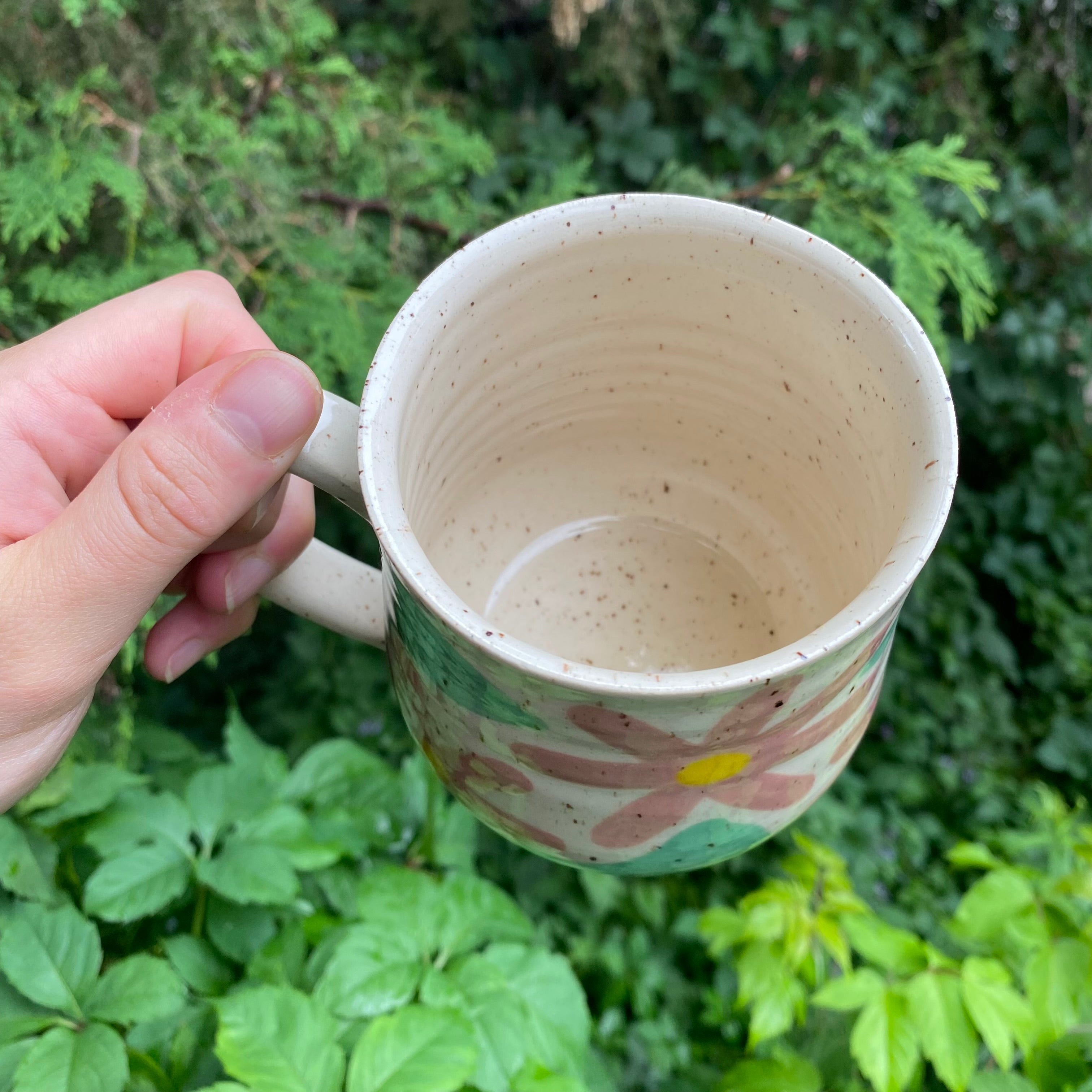 large modern floral mug in pink and jade