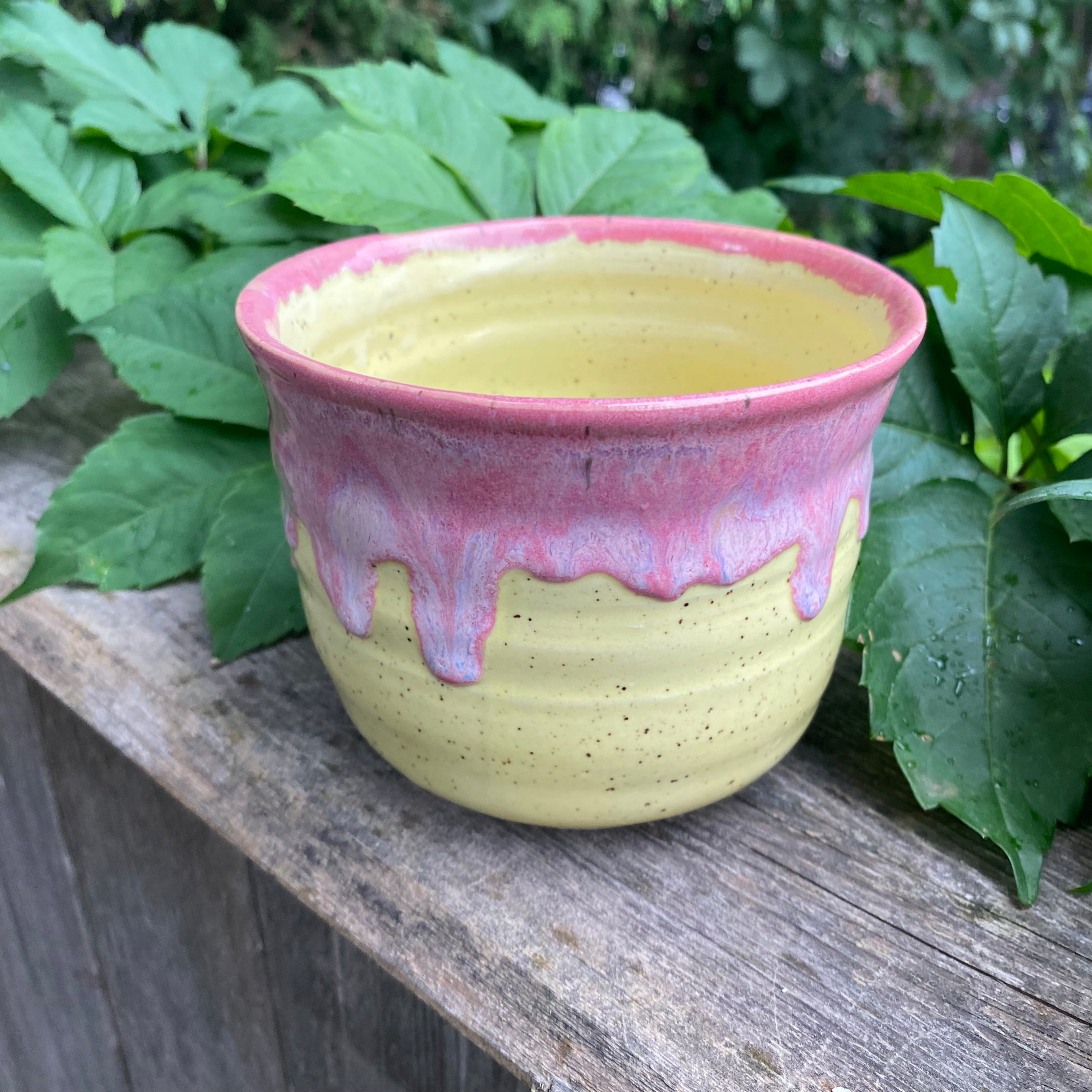 pink & yellow drippy glaze planter