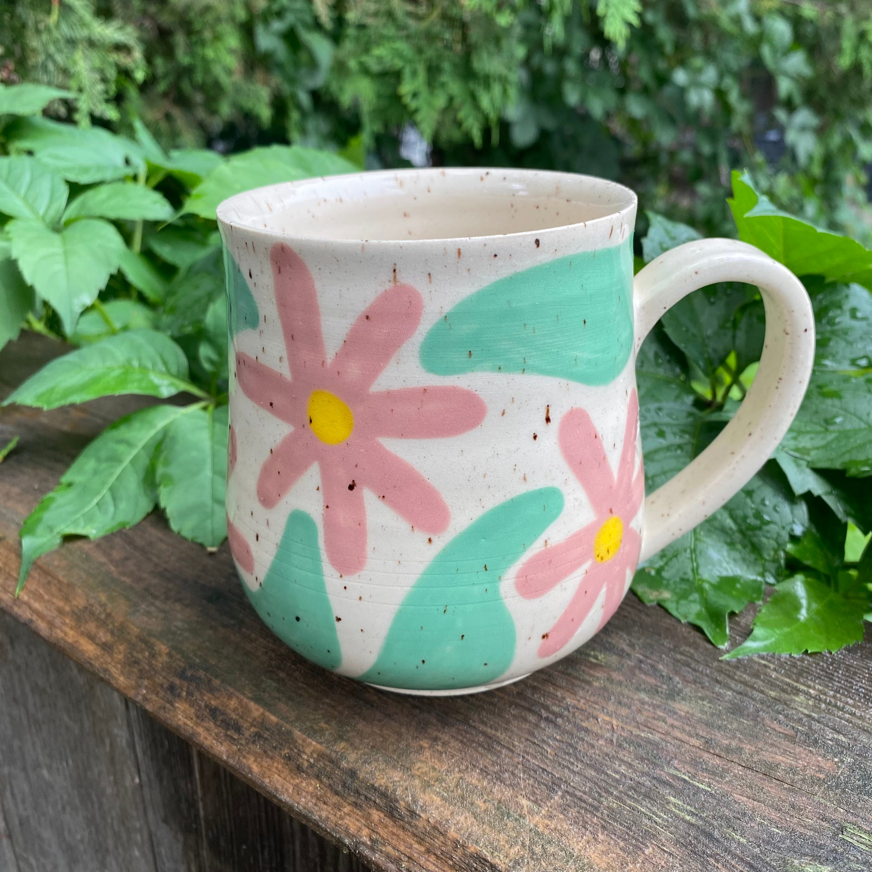 large modern floral mug in pink and jade