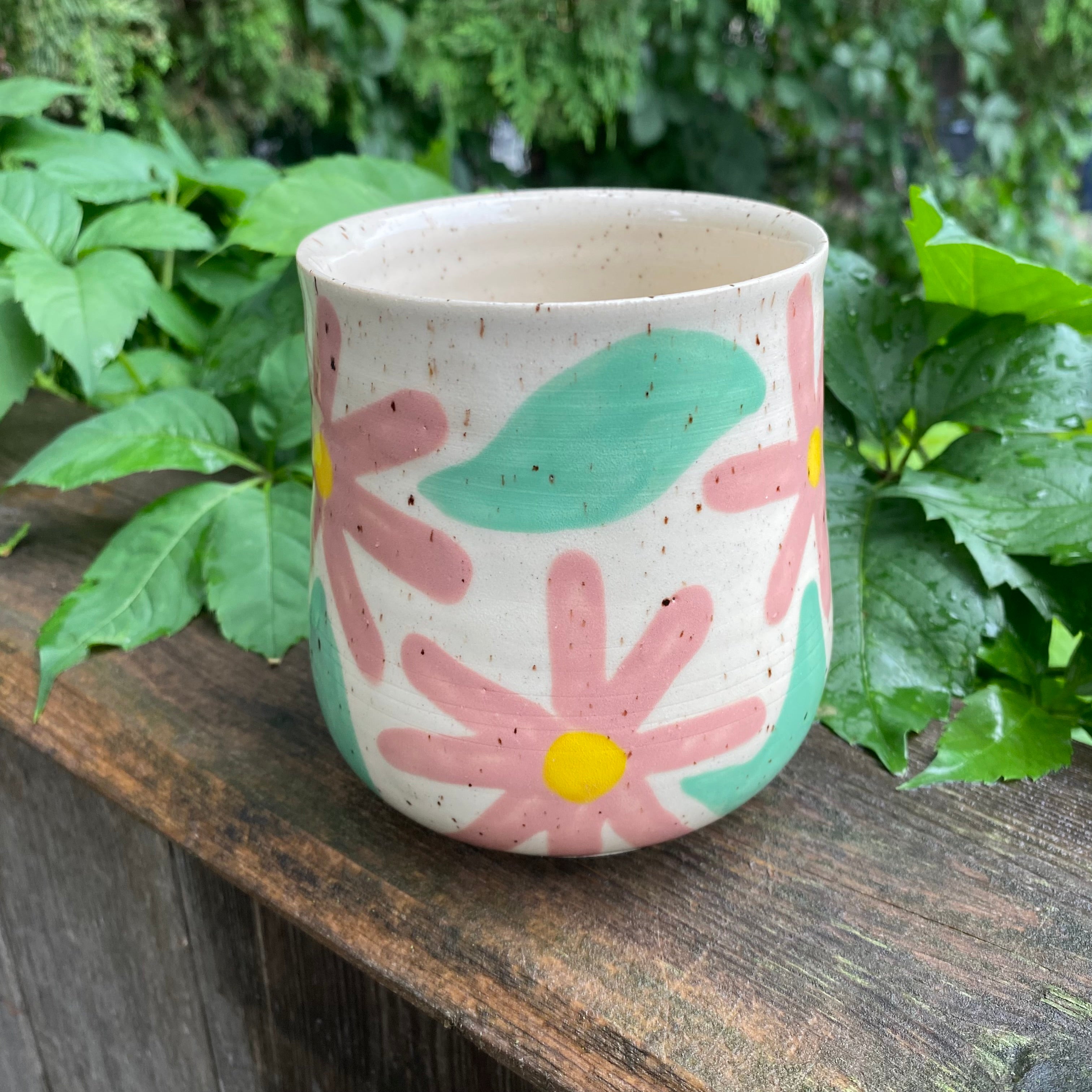 large modern floral mug in pink and jade