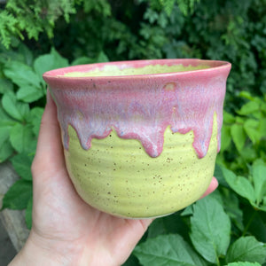 pink & yellow drippy glaze planter