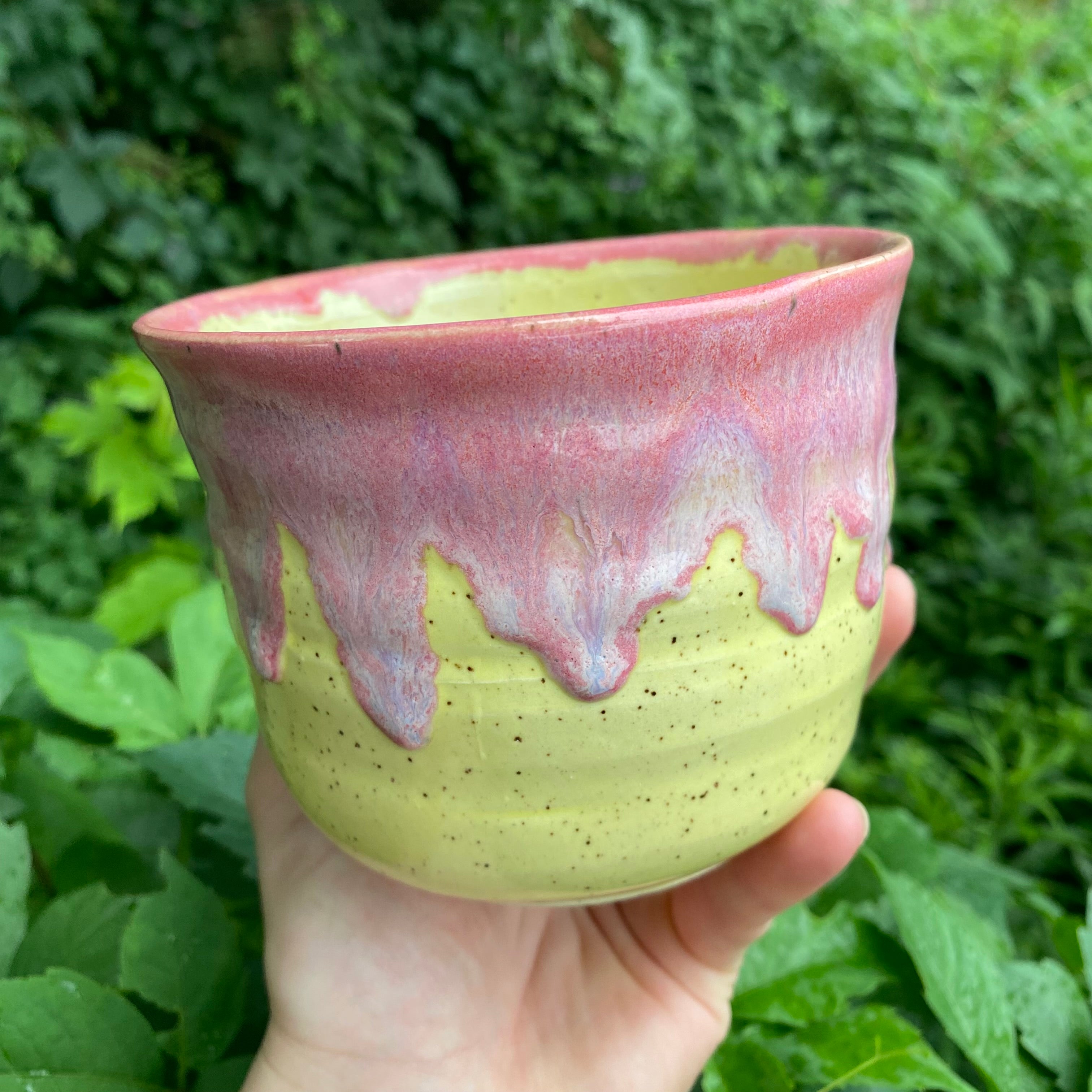 pink & yellow drippy glaze planter