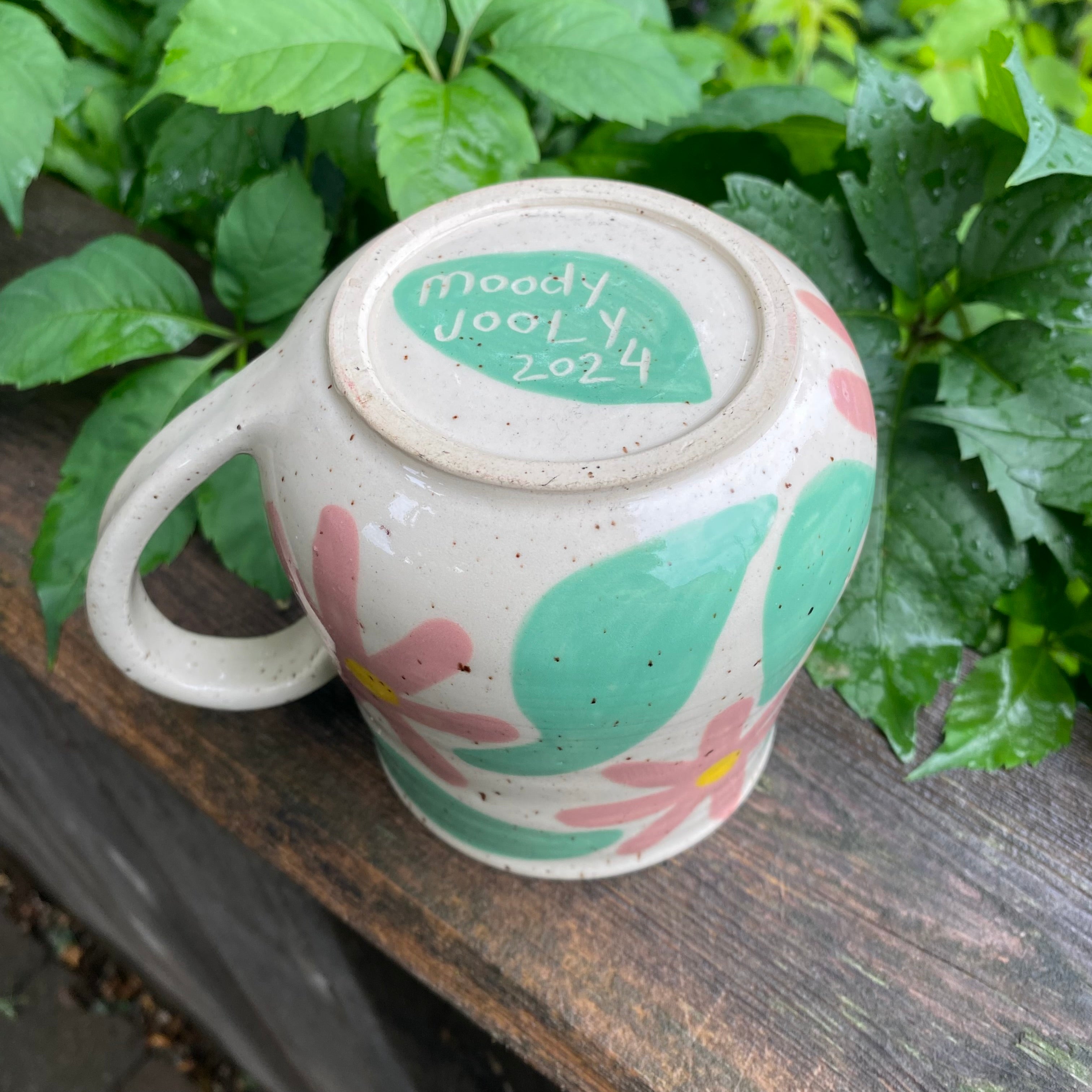 large modern floral mug in pink and jade