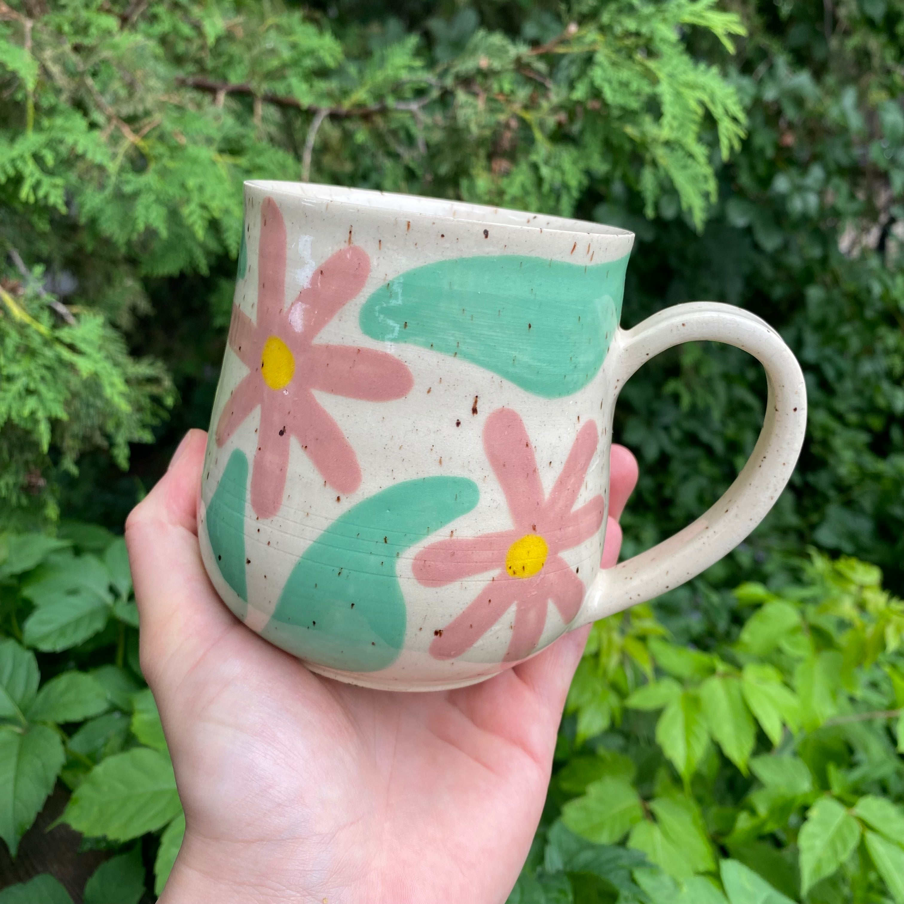 large modern floral mug in pink and jade