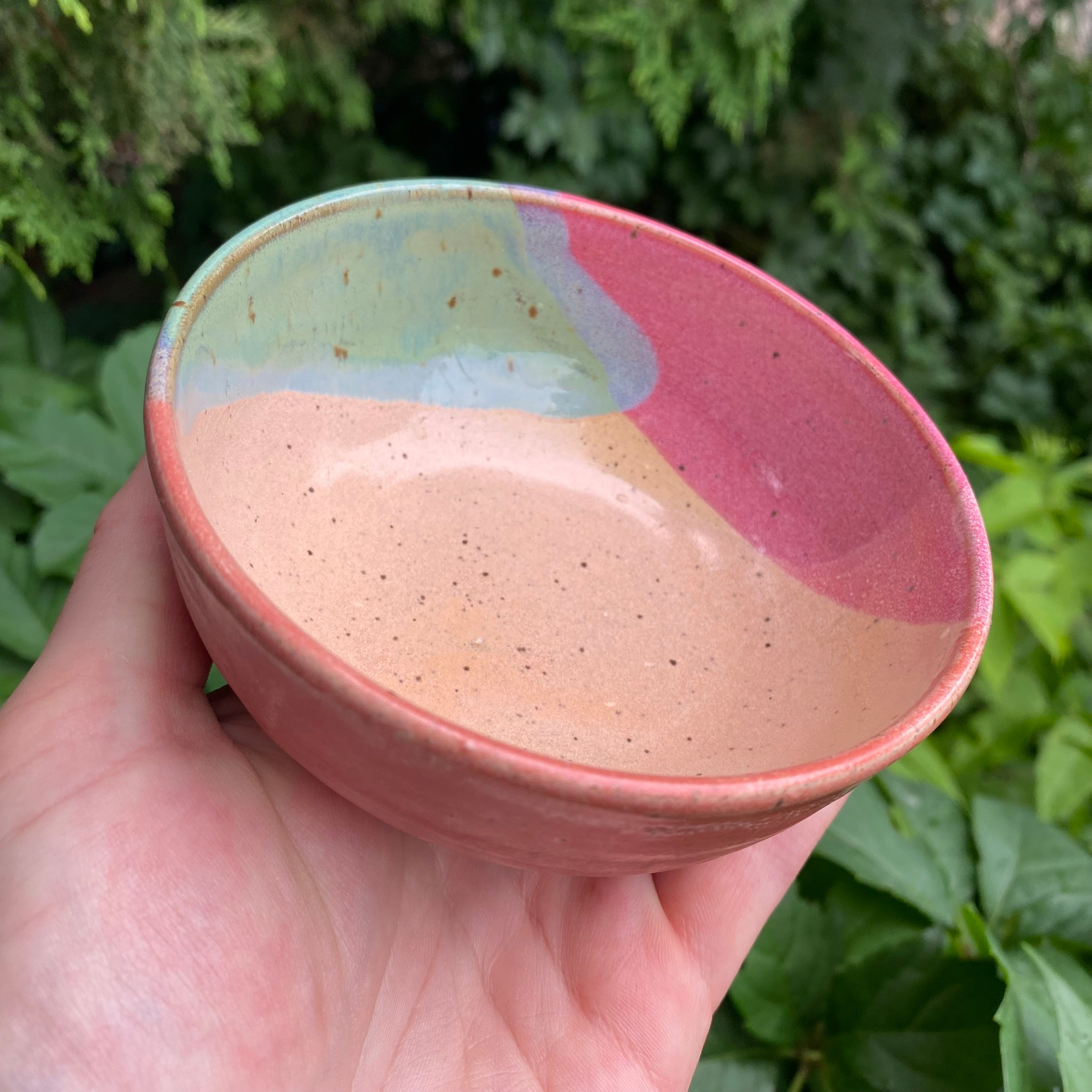 small pink coral turquoise glazy bowl