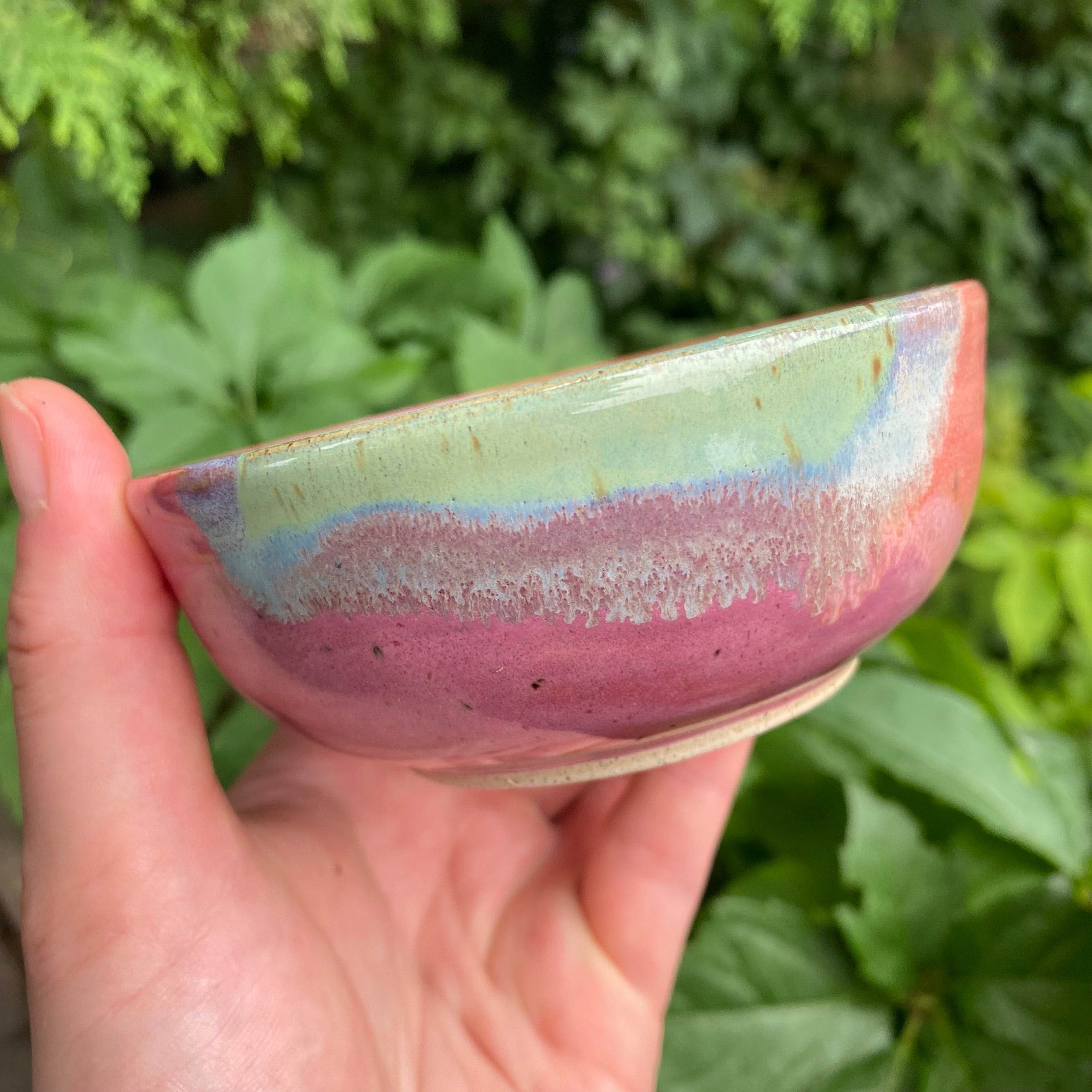 small pink coral turquoise glazy bowl