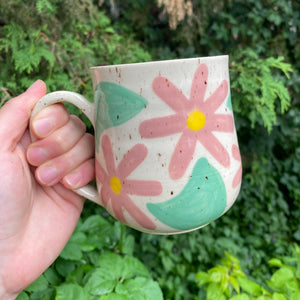 large modern floral mug in pink and jade