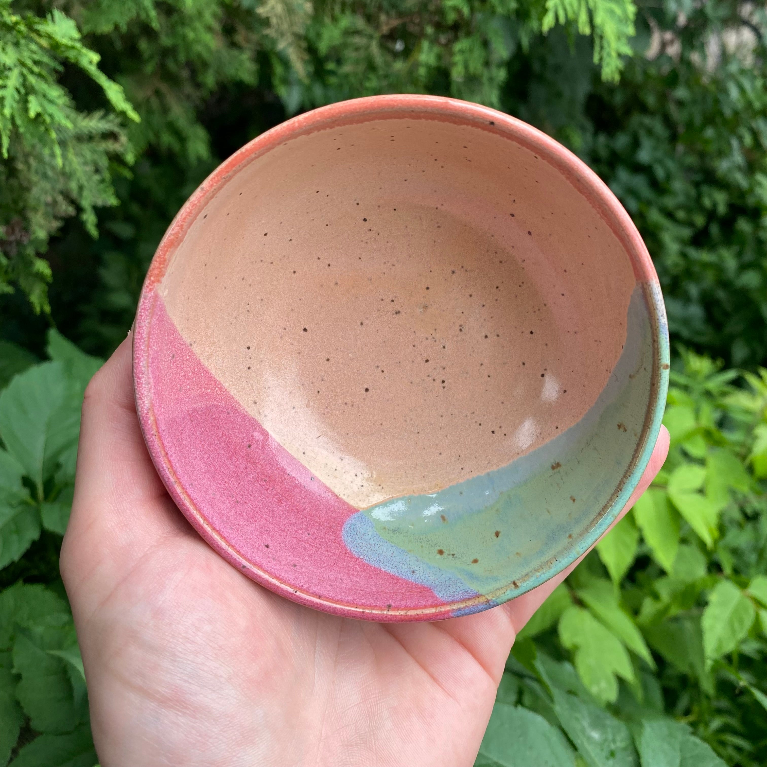 small pink coral turquoise glazy bowl