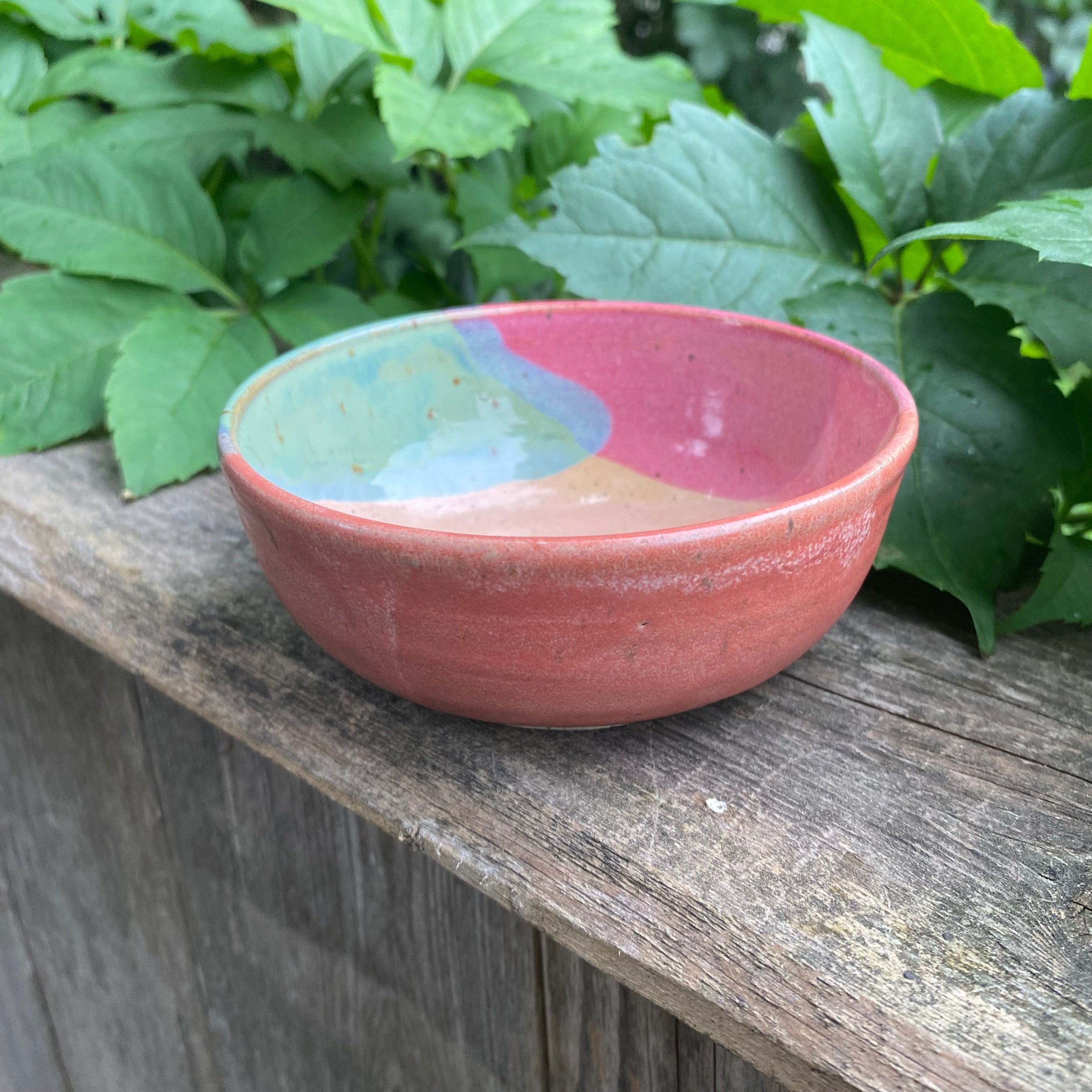 small pink coral turquoise glazy bowl