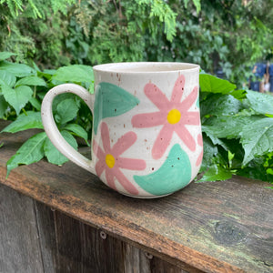 large modern floral mug in pink and jade